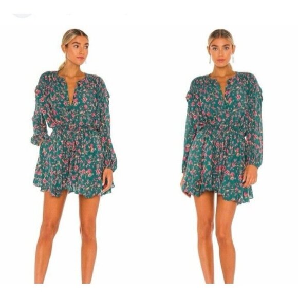 FREE PEOPLE flower fields mini dress long sleeve floral ruffle emerald multi XS - Picture 1 of 10